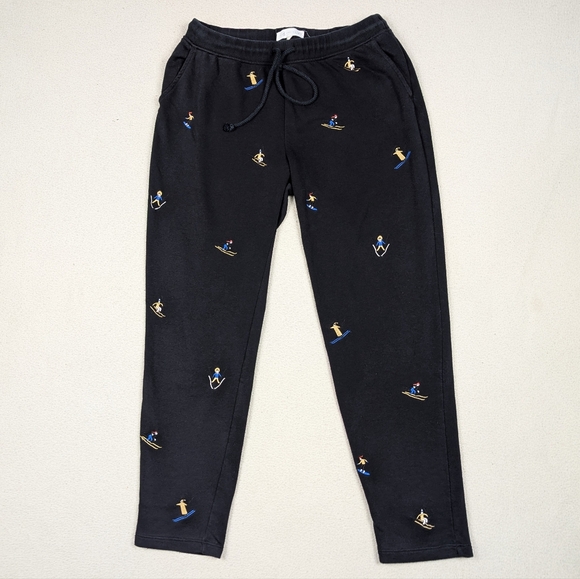 Loft Lou Grey Embroidered Skier Terry Sweatpants Medium Black Cotton Drawstring - Picture 3 of 16